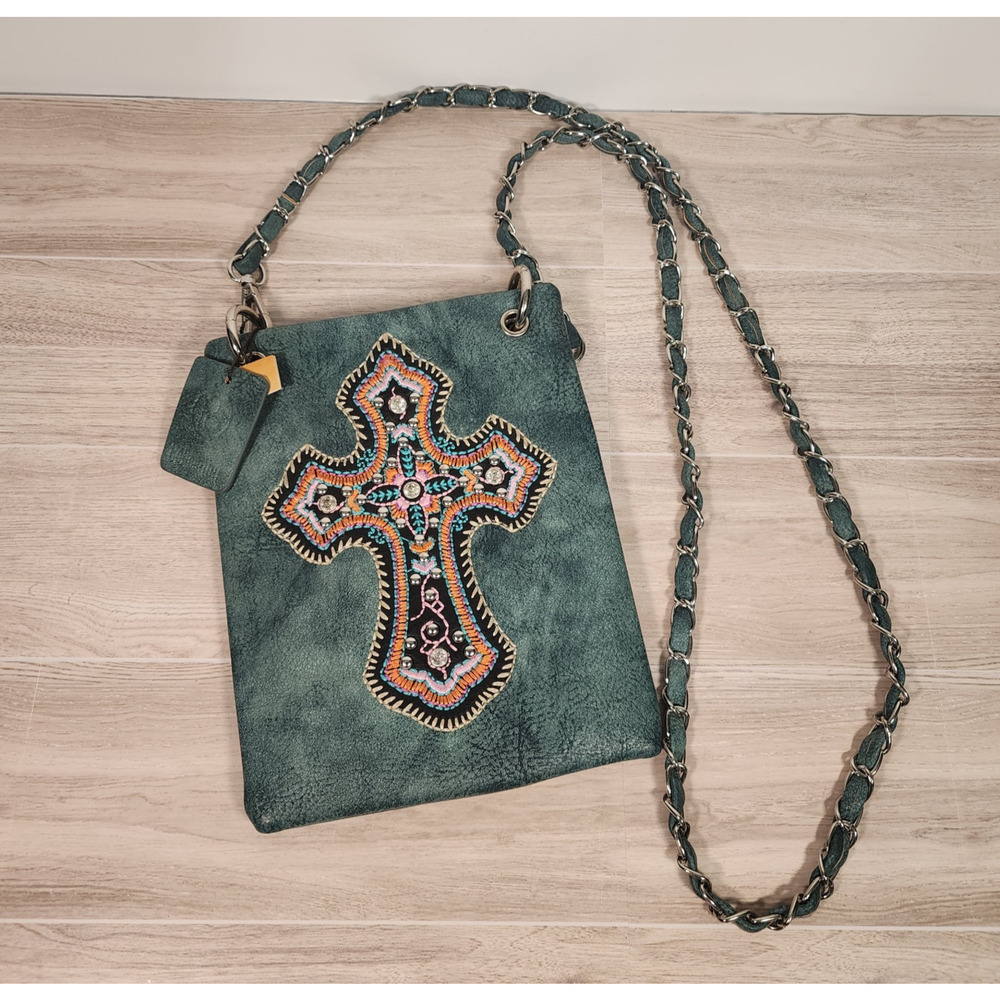 P&G Rhinestone Western Turquoise Cross Metal Studded Crossbody Messenger Bag NWT
